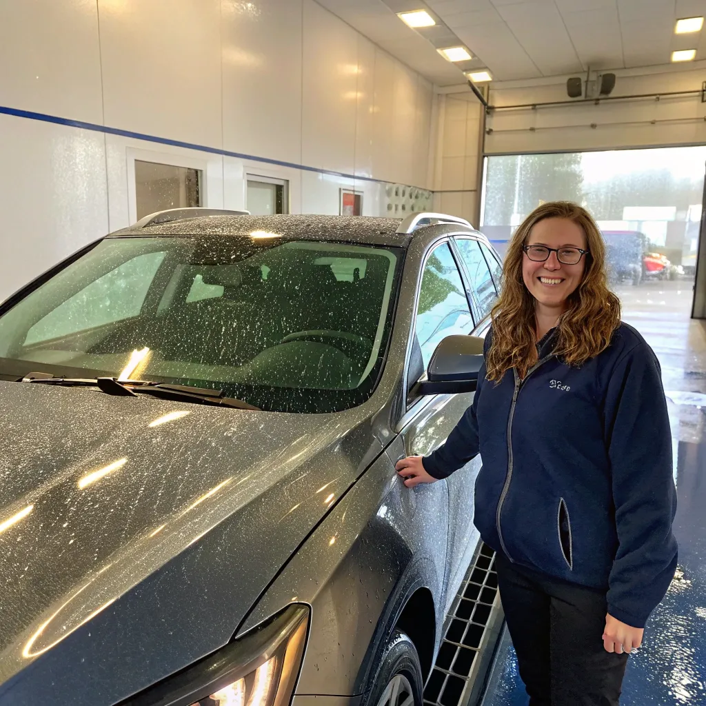 A satisfied customer, Sarah Johnson, with her gleaming car after a ZENORVEX wash