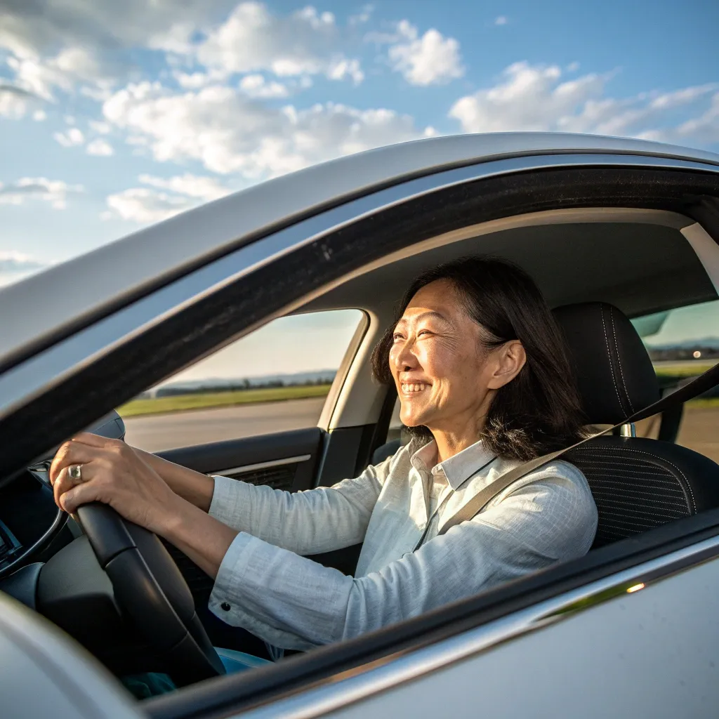 A satisfied Susan Lee driving her spotless car thanks to ZENORVEX